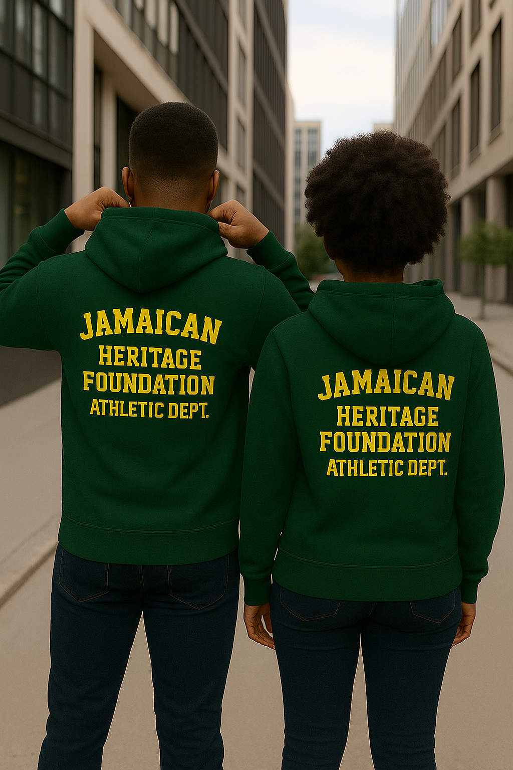Two people wearing green hoodies with 'Jamaican Heritage Foundation Athletic Dept.' text on the back, standing in an urban setting.